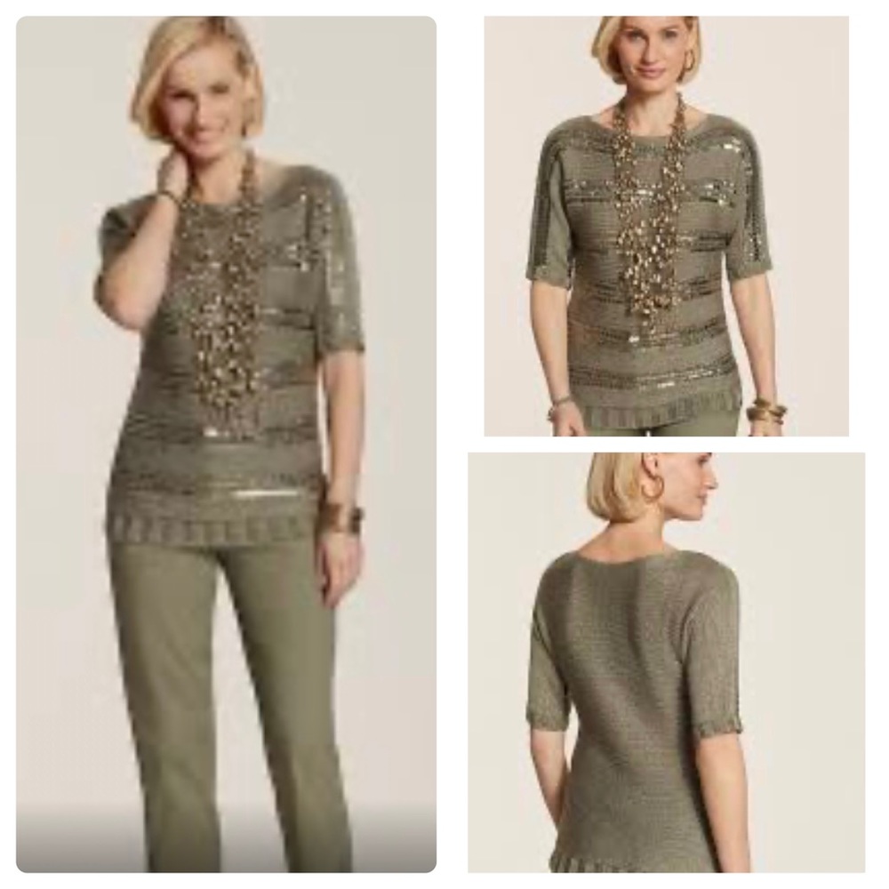 Chicos Sequin Striped Kayden Sweater Womens 2 US L Green Short Sleeve New.